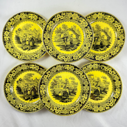 Creil et Montereau Canary Yellow Transferware Domestic Scenery Floral Plates, Set/6